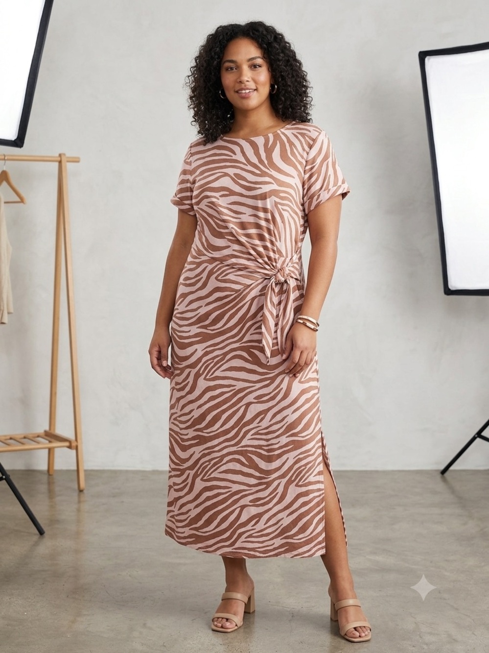 24/7 Maurice’s Zebra Print Tie-Waist Midi Dress in Oatmeal and Taupe XL